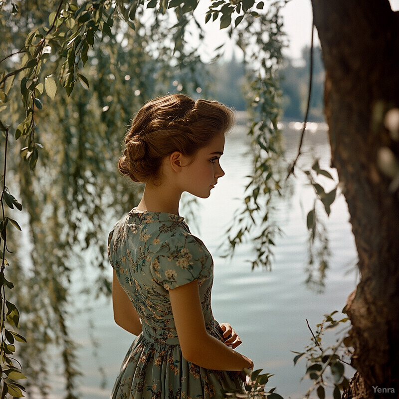 A young girl stands beneath a willow tree, gazing out at a body of water, exuding innocence and grace.