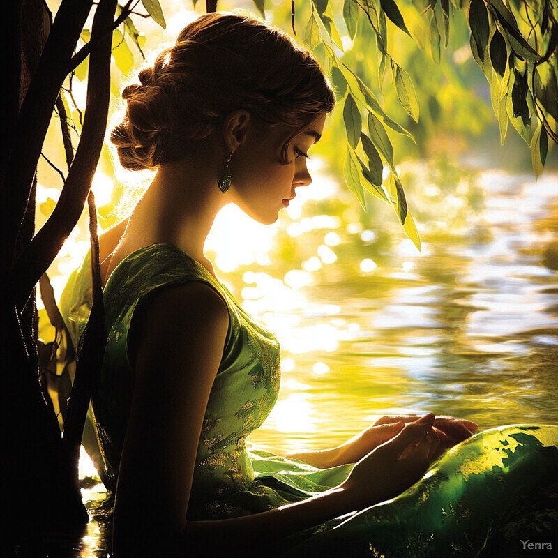 A serene image of a woman sitting by a body of water, surrounded by lush greenery.