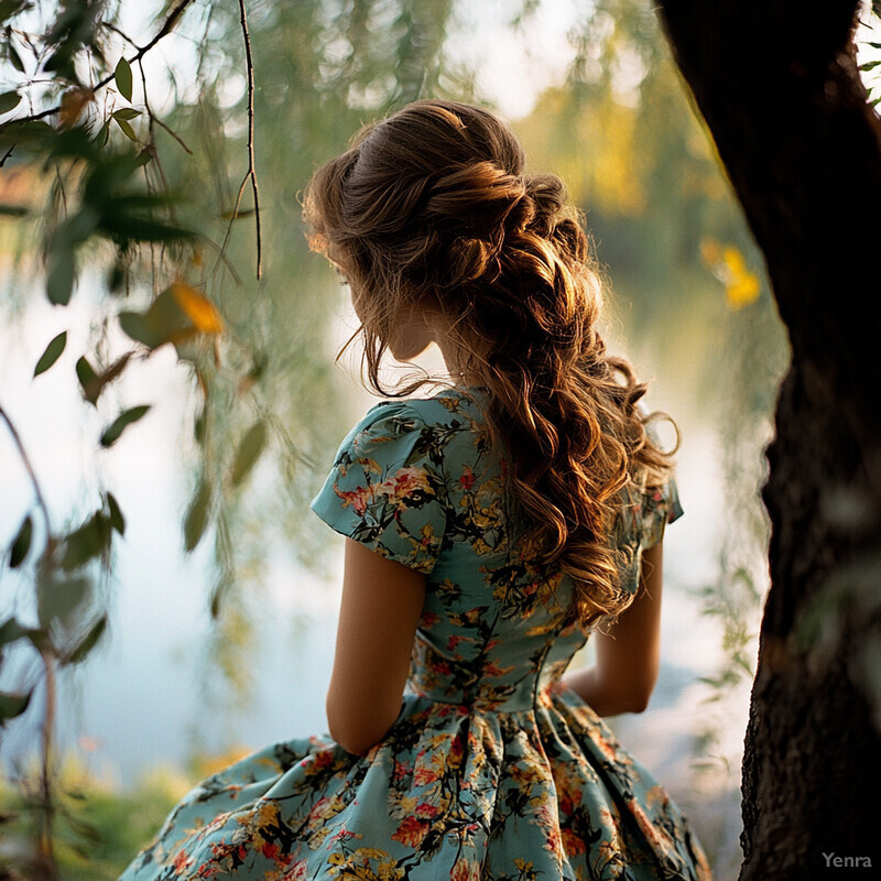 A young girl sits under a willow tree by a lake, surrounded by greenery and flowers.