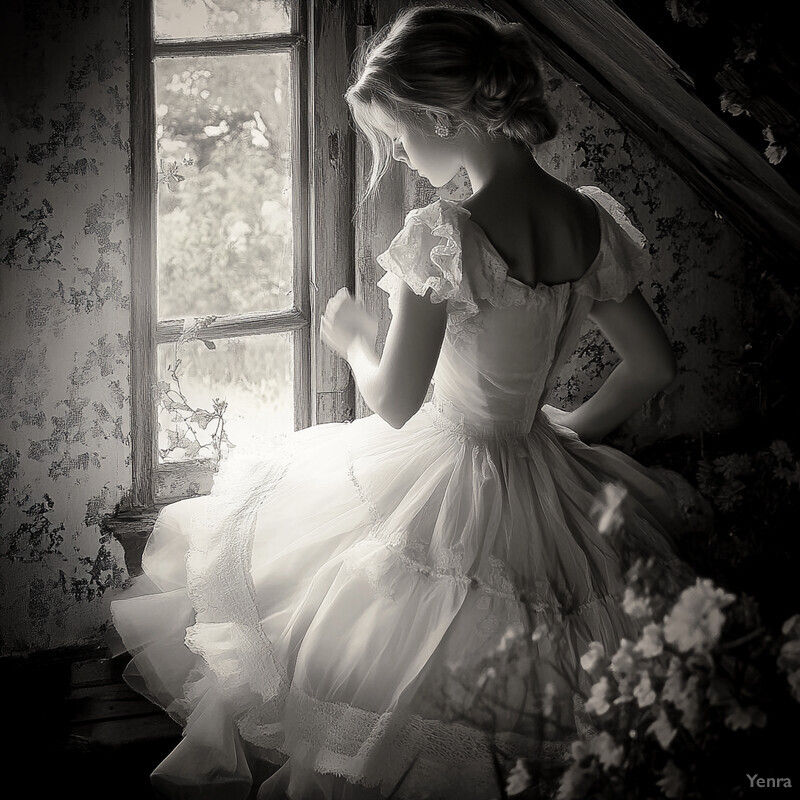 A young woman in a white dress stands confidently with one hand on her hip and the other holding a small bouquet of flowers.