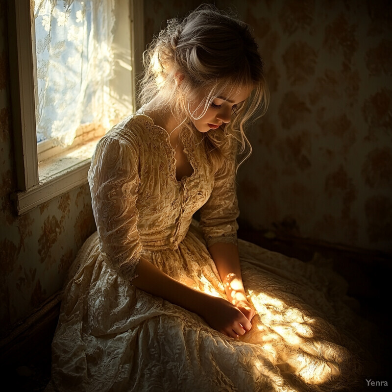 A young woman with blonde hair sits on the floor in front of a window, looking down at her clasped hands.