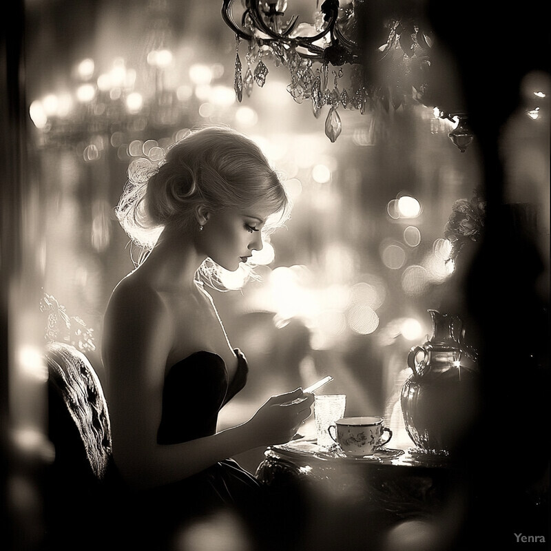 A woman sits at a table, surrounded by fine china and elegant decorations, looking down at something on the table or lost in thought.