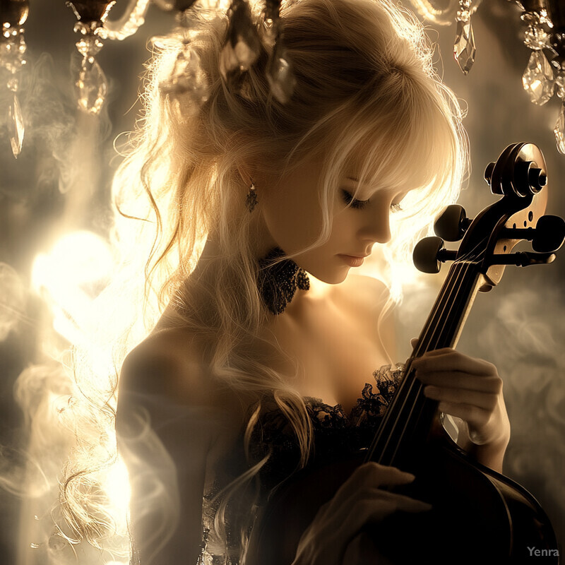 A woman with long blonde hair wearing an off-the-shoulder black dress holds a cello in front of a dark background.