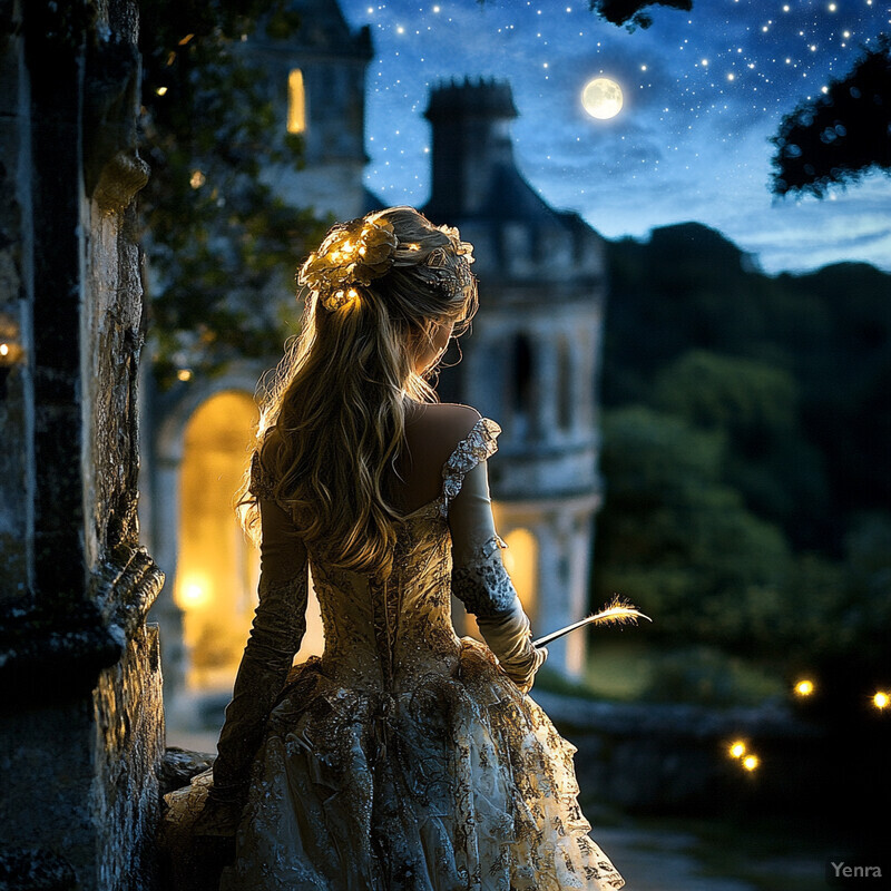 A woman stands in front of an old stone building at night, holding a quill pen and parchment.