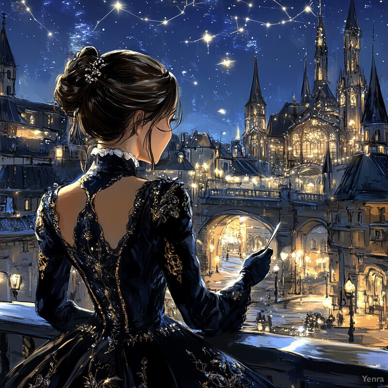 A woman stands on a balcony, gazing out at a cityscape under a starlit sky.