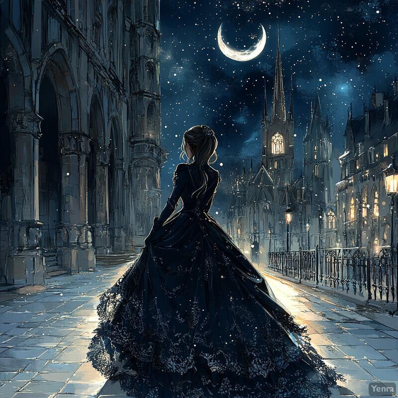 A woman in a long, dark dress stands on a cobblestone street at night, gazing up at the stars and moon.