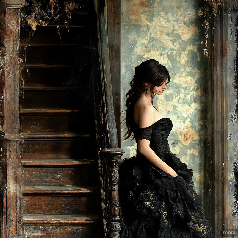 A woman stands in front of an old wooden door, wearing a black dress with lace details.