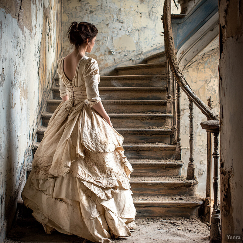 A woman in an old-fashioned white dress poses for a photo shoot or fashion campaign, surrounded by vintage props.