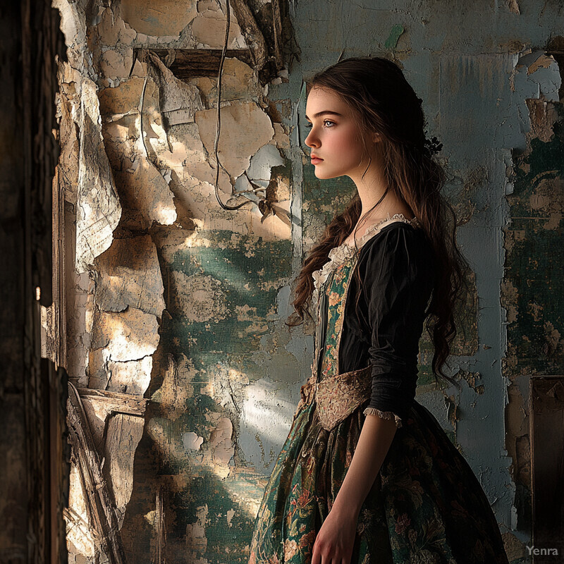 A young woman stands in front of an old wall with peeling paint and exposed brick.