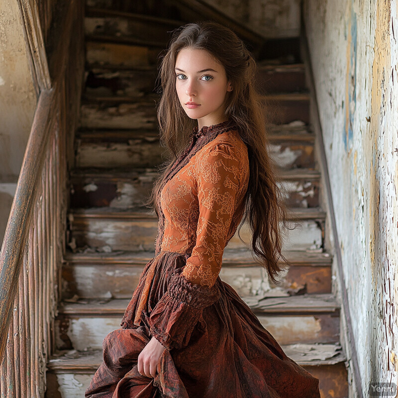 A young woman stands on an old staircase, exuding elegance despite the tattered surroundings.