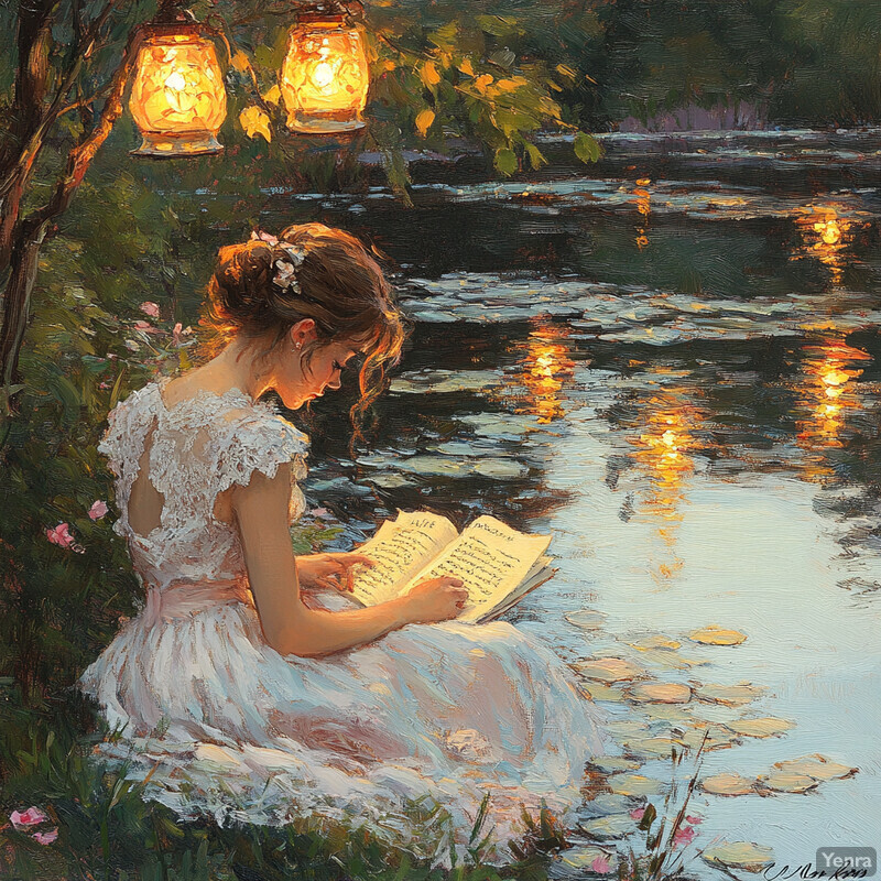 A woman sits by a lake, reading a book under the soft glow of lanterns.