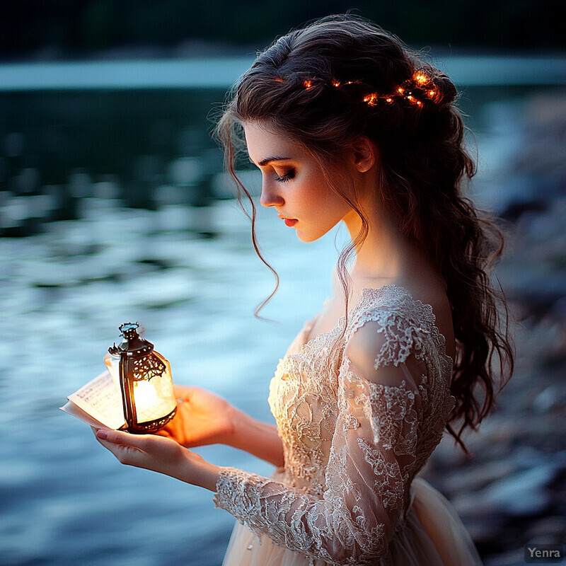 A young woman stands on the shore of a body of water, looking out at the water with her hands clasped together in front of her.