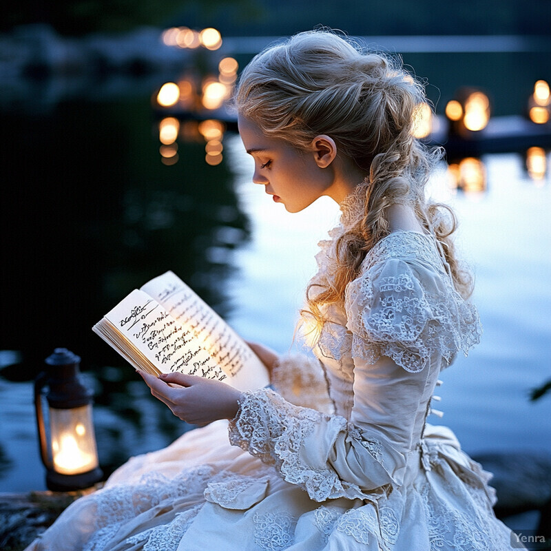 A young woman reading sheet music by candlelight on a dock or pier