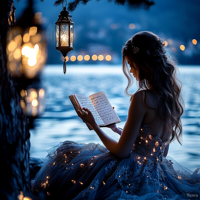 A woman sits by the water's edge at dusk, reading a book