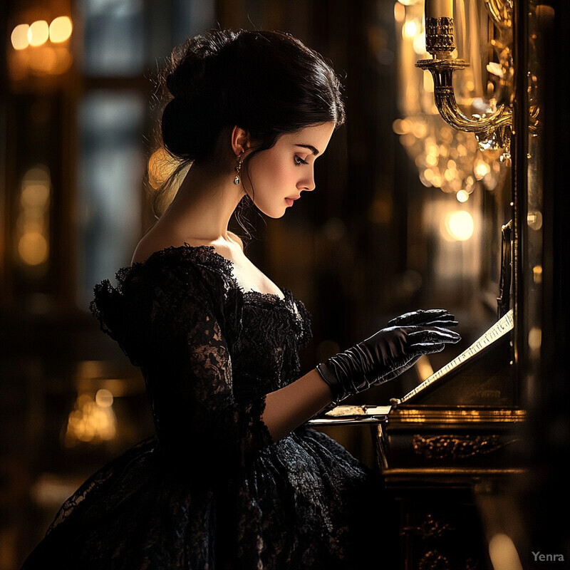 A woman in a black Victorian-style dress plays an antique piano.