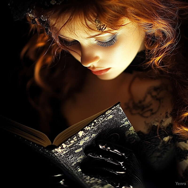 A woman with long red hair reads an old book.