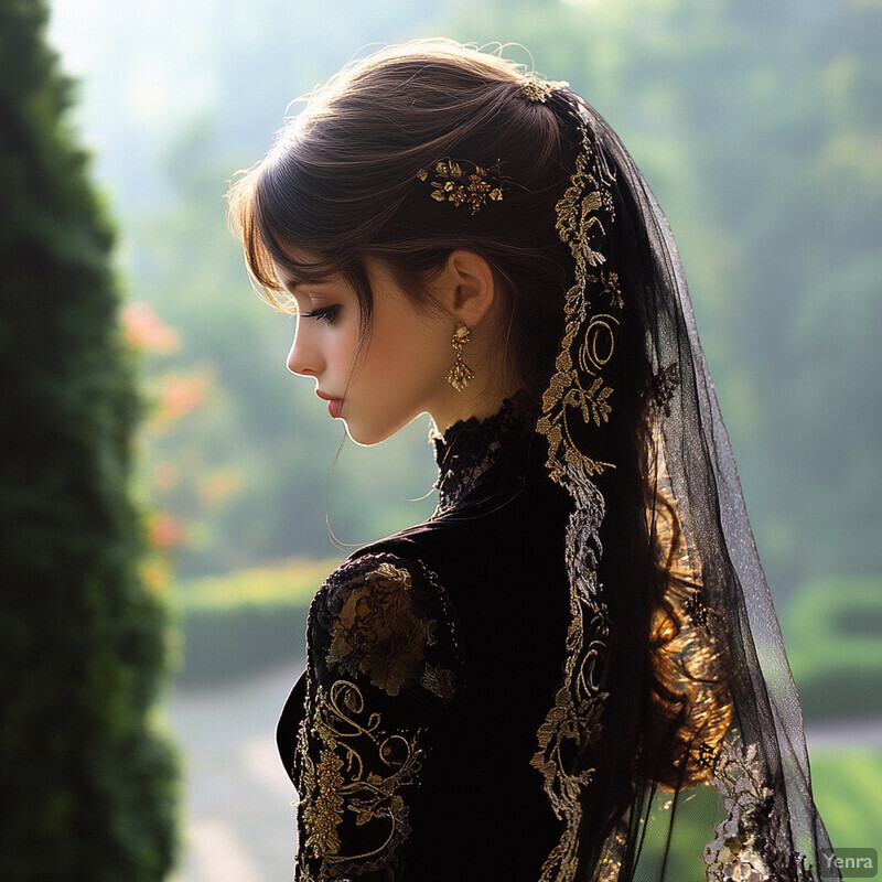 A young woman dressed in black with gold embroidery, posing elegantly against a blurred background, evoking a Victorian-inspired ambiance.