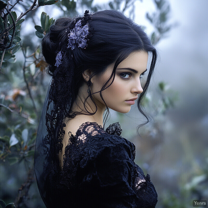 A woman with dark hair and fair skin stands amidst greenery, wearing a black lace dress.