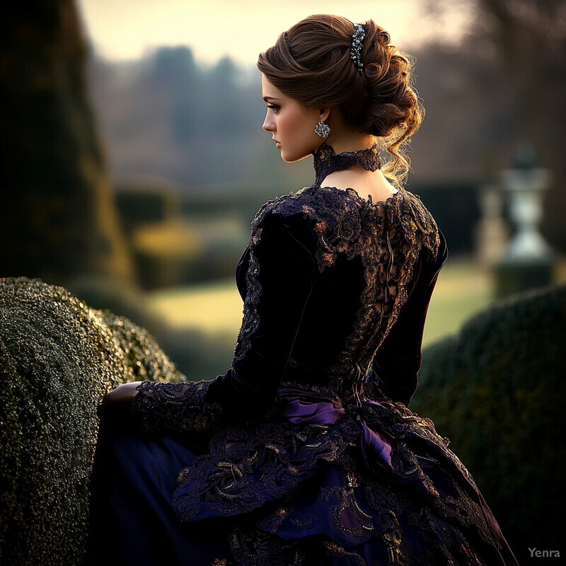 A woman in a Victorian-era inspired outfit sits on a stone wall, gazing out into the distance.