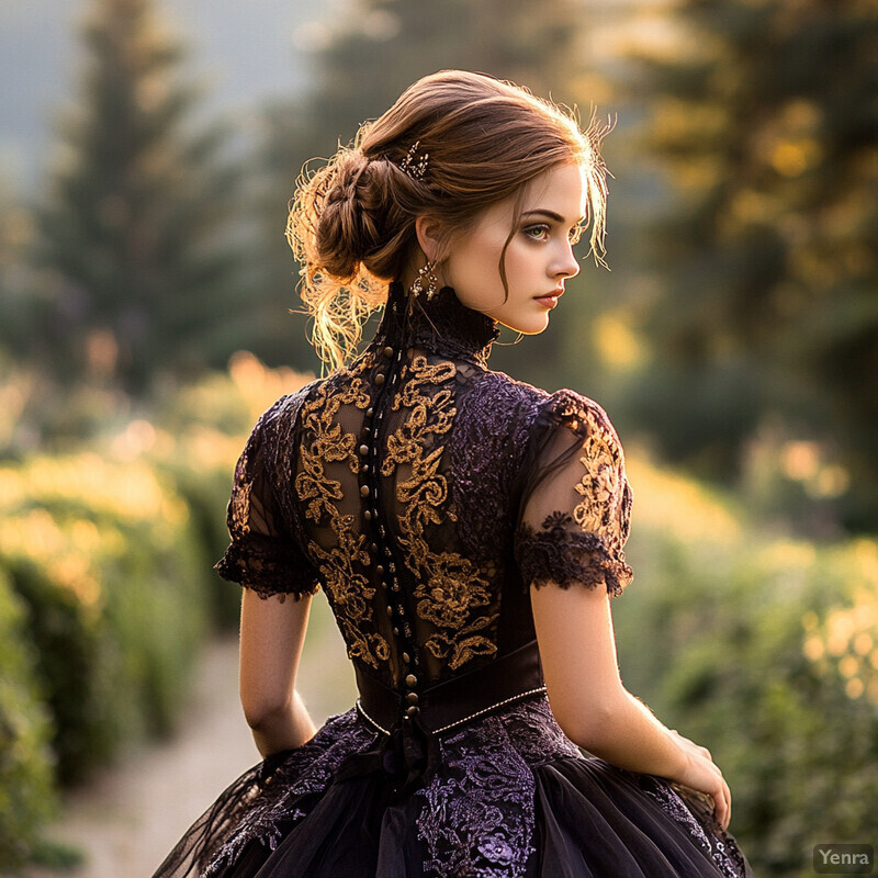 A young woman in a Victorian-inspired outfit stands in an outdoor setting, lost in thought amidst lush greenery.