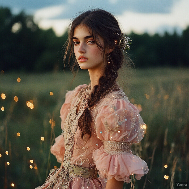 A young woman stands in a field of tall grass, wearing a flowing white dress with lace trim and a matching hat adorned with feathers and flowers.