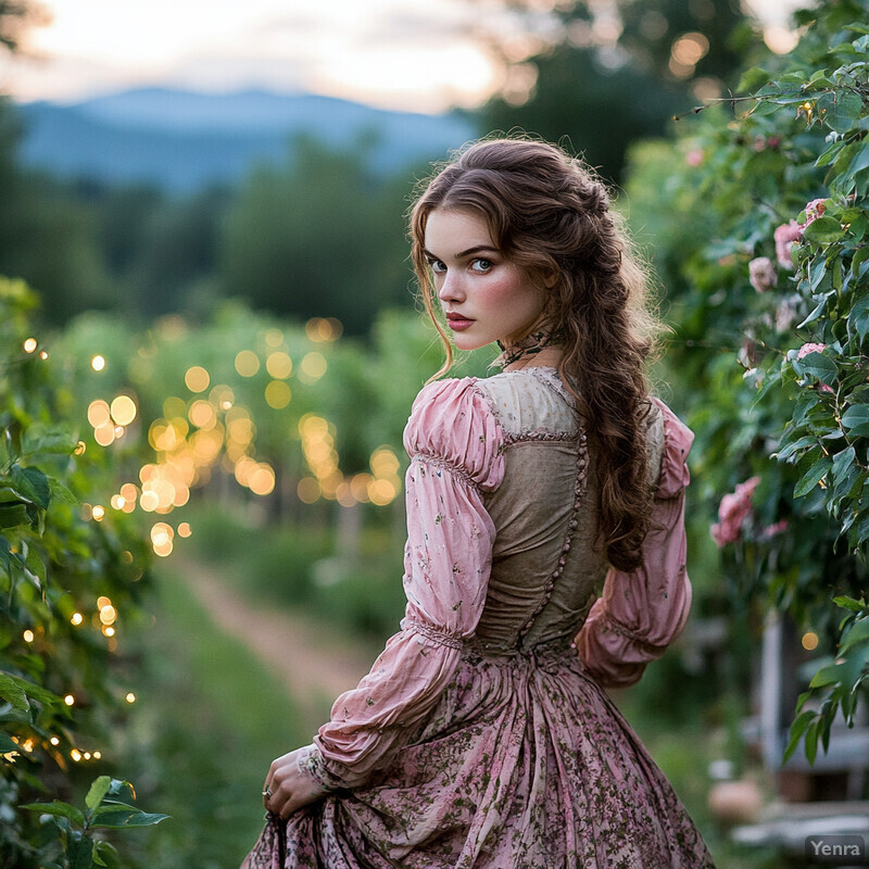 A young woman stands in a vineyard, dressed in a long-sleeved floral dress, posing for a photo shoot or portrait session.