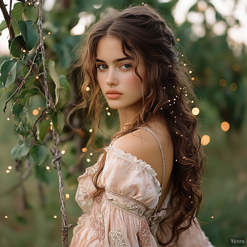 A young woman in a vintage-style dress poses for the camera, surrounded by a serene outdoor setting.