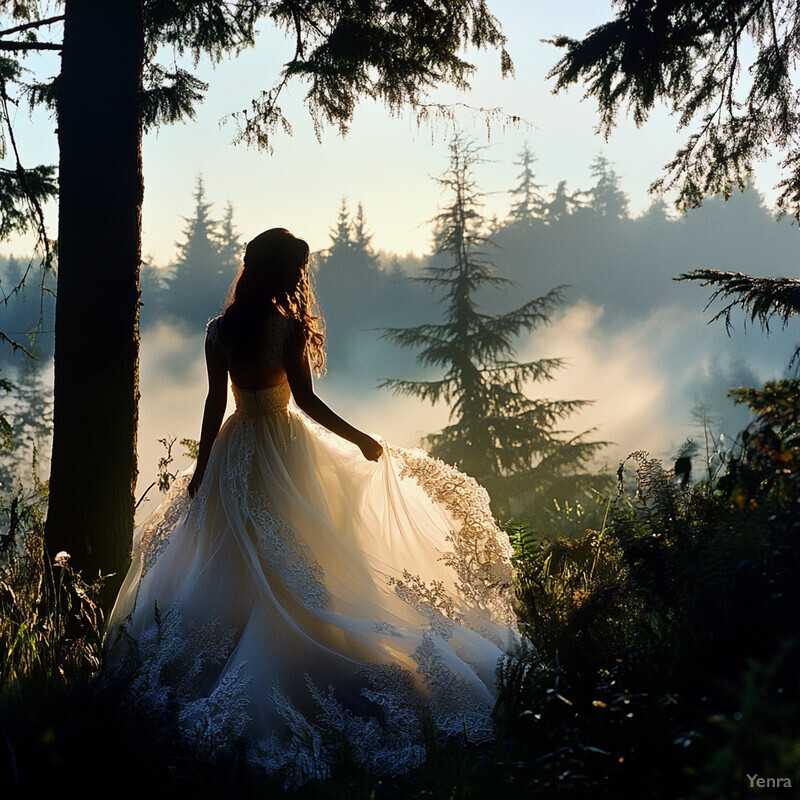 A woman in a wedding dress stands confidently in front of a forest, holding up her hem as she gazes out at the scenery.