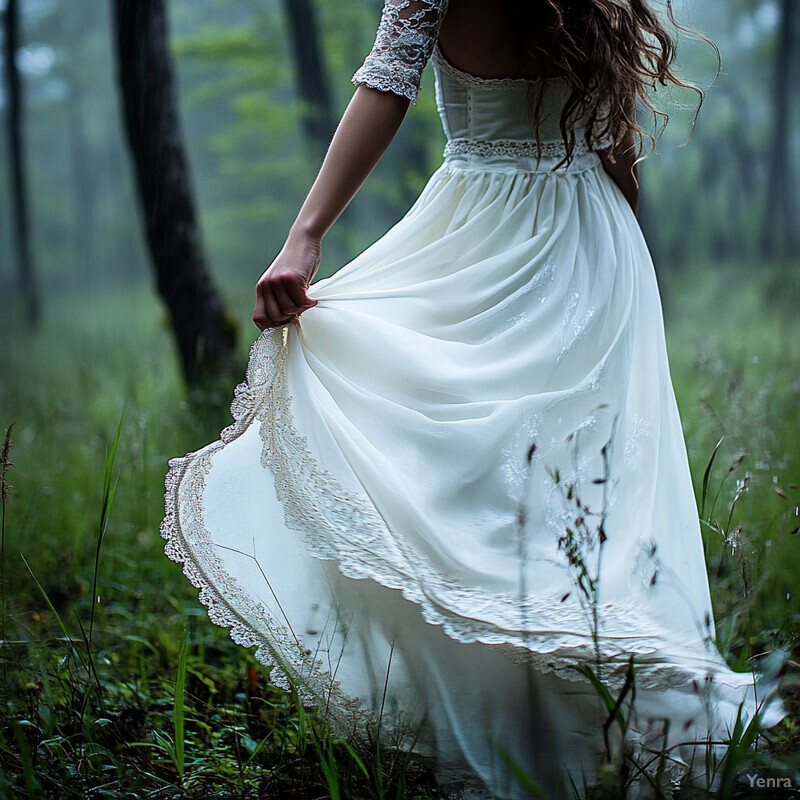 A woman stands confidently in a grassy field surrounded by trees and bushes, wearing a white dress with lace sleeves and a floral pattern on the skirt.