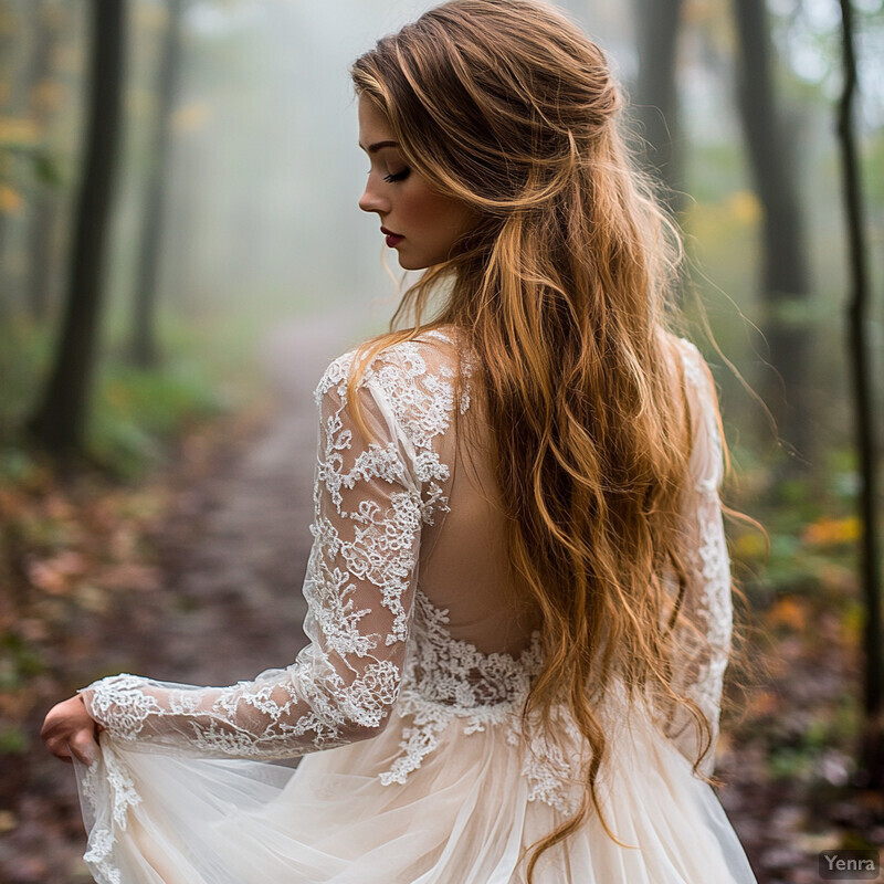 A woman in a white wedding dress stands confidently on a forest path, surrounded by tall trees and lush greenery.