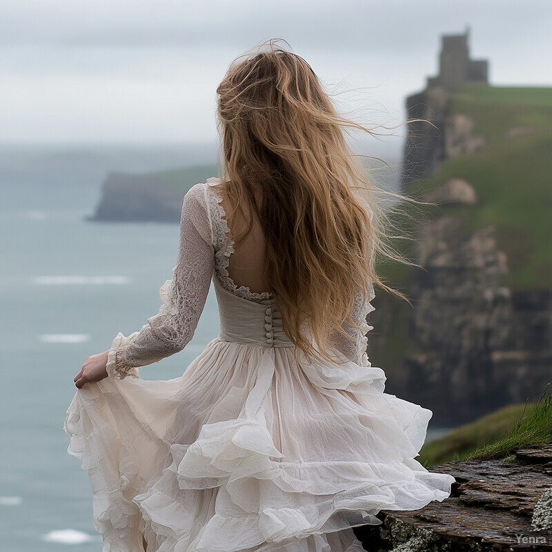 A young woman stands on a rocky outcrop overlooking the sea, her back to the viewer.