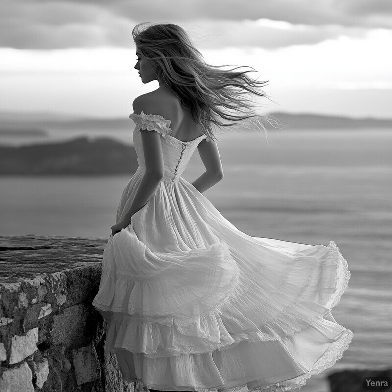 Woman in white dress standing on stone wall overlooking ocean