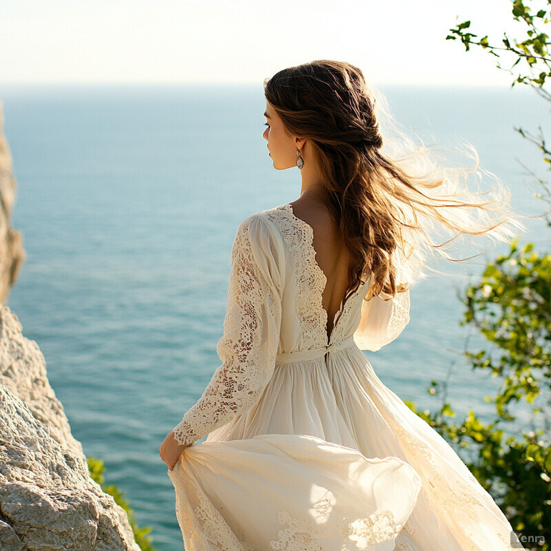 A serene scene of a woman standing on a cliff overlooking the ocean