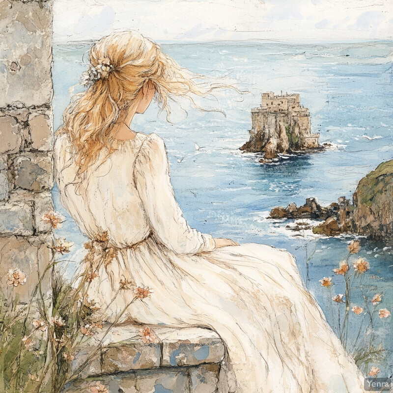 A serene scene of a woman sitting on a stone wall overlooking the ocean