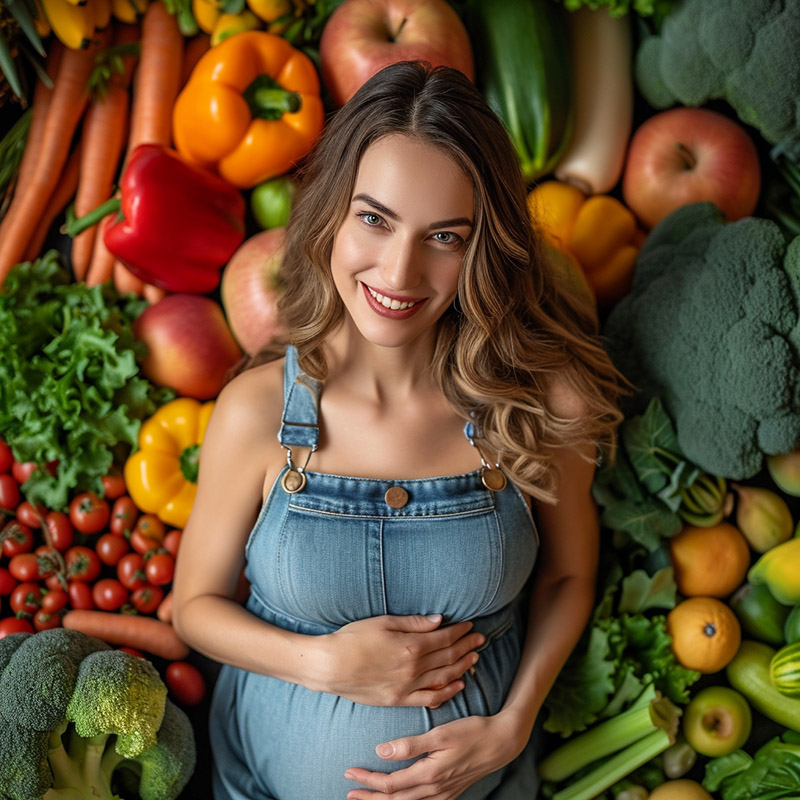 Pregnant Woman with Fruits, Vegetables, and Prenatal Vitamins