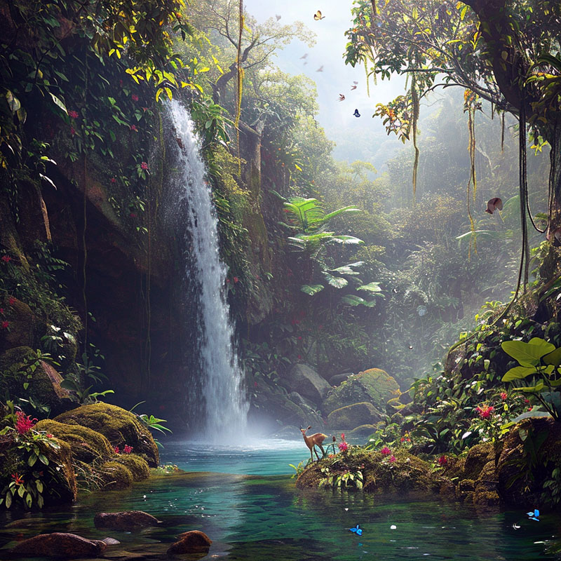 Hidden Waterfall in a Tropical Rainforest