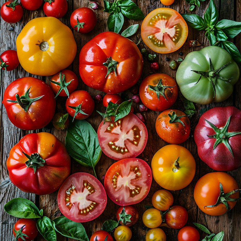 Variety of Tomatoes on a Rustic Table