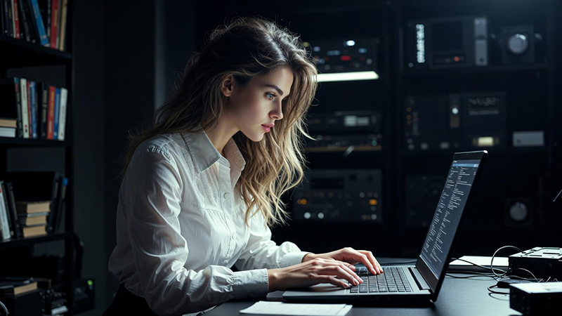 A person works at a laptop beside server equipment.