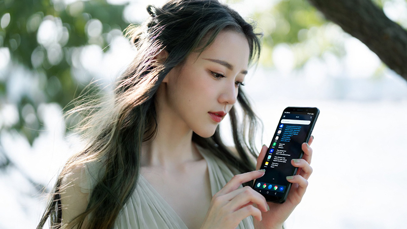 A person uses a smartphone outdoors.