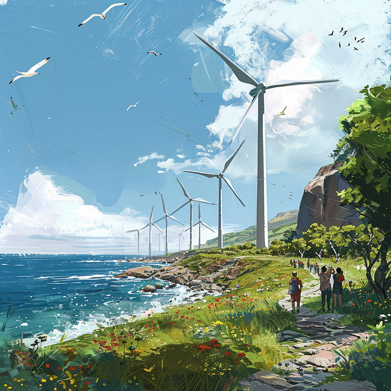 Coastal Wind Farm with Wildlife