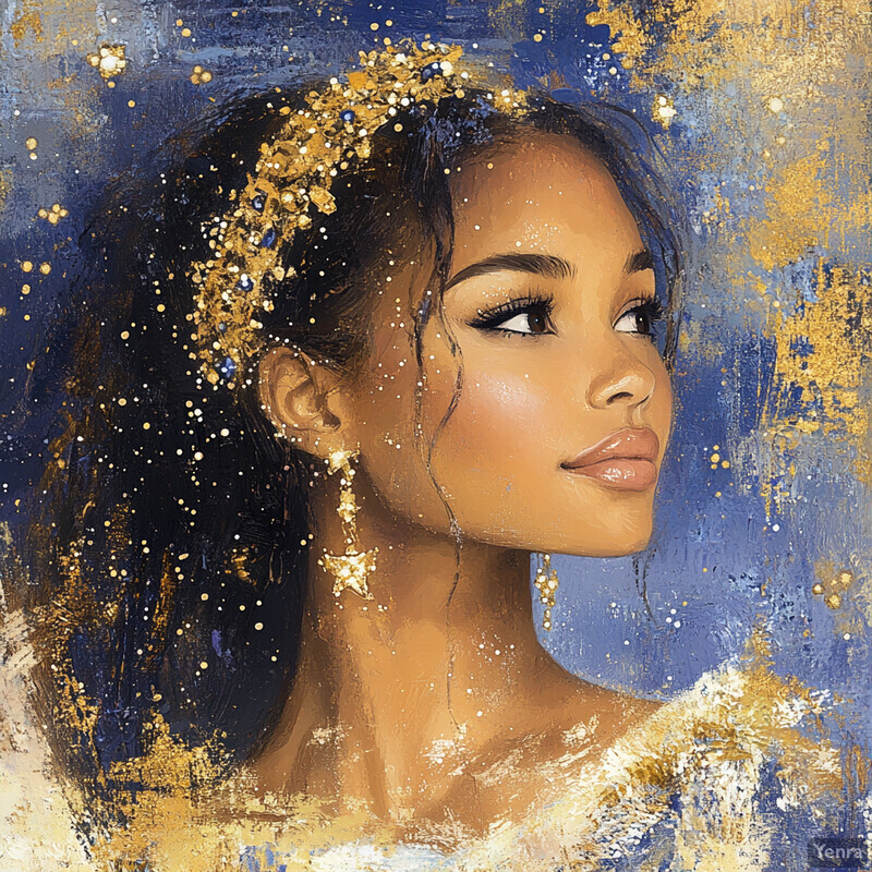 An oil painting of a woman's face and neck with a gold and blue background