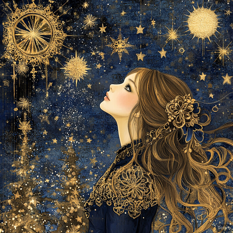 A woman gazes upwards at a starry night sky, surrounded by various celestial objects.