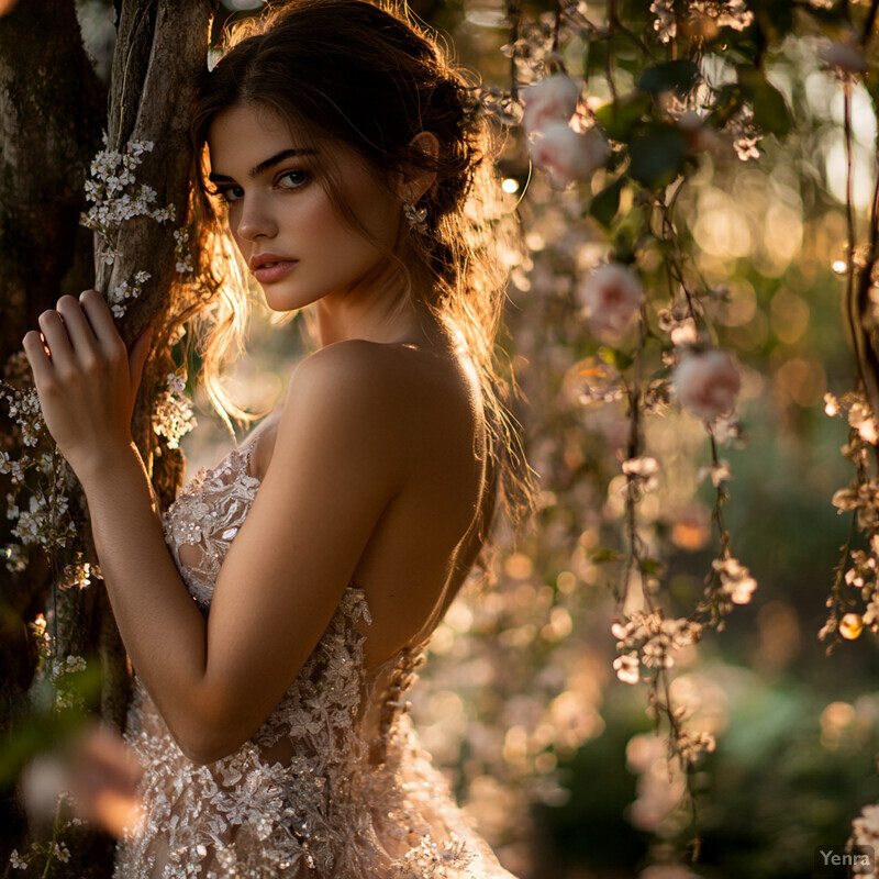 A woman in a white dress stands in front of a tree with pink flowers and green leaves.