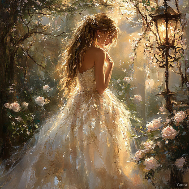 A serene and idyllic scene of a woman in a wedding dress standing amidst a lush garden filled with blooming flowers.