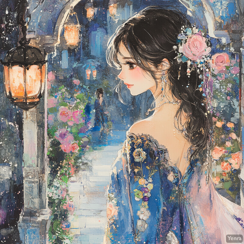 A serene and elegant painting of a woman standing on a stone staircase, surrounded by soft colors and gentle brushstrokes.