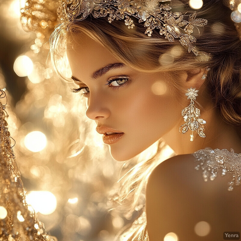 A woman with long blonde hair wears a stunning silver dress and headpiece, posing confidently in front of a blurred city backdrop.