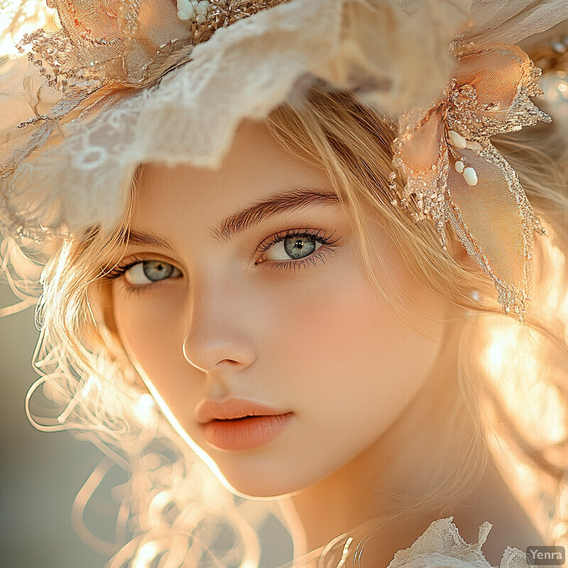 A young woman in an elaborate white hat and dress poses for the camera.