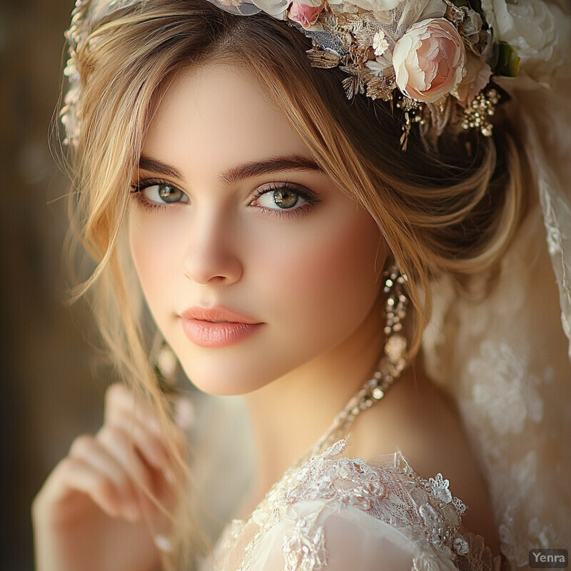 A young woman in a wedding dress and floral headpiece, exuding elegance and poise