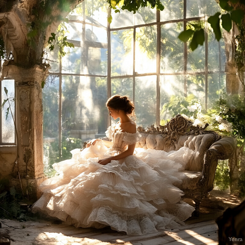 A woman in a white wedding dress sitting on an ornate couch in front of a large window with a lush garden view