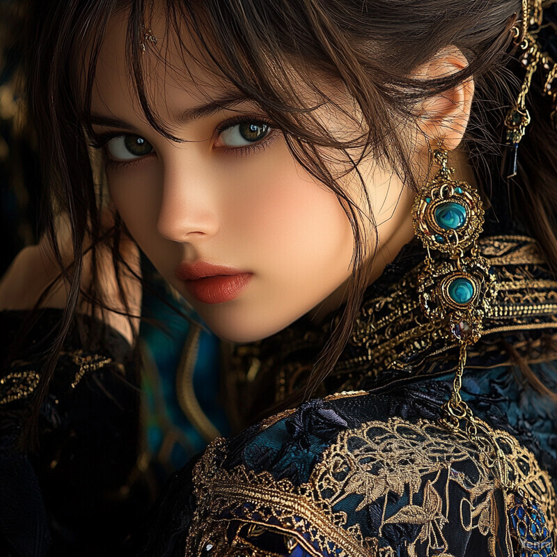 A young woman with long brown hair and green eyes wears a black dress adorned with gold embroidery and blue accents, posing in front of a blurred background.